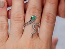 3 Ct Round Simulated Emerald Elegant Snake Open End Ring 14k White Gold Plated