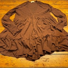 Altar'd State Brown Smocked V-Neck Tiered Ruffle Long Sleeve Mini Dress Large