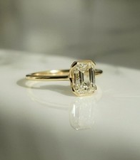 Half Bezel Set Solitaire Engagement Ring Emerald Cut Moissanite Wedding Ring Her
