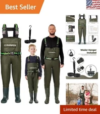 Family Matching Chest Waders: Waterproof PVC for Kids & Adults, Green, Age 9-10