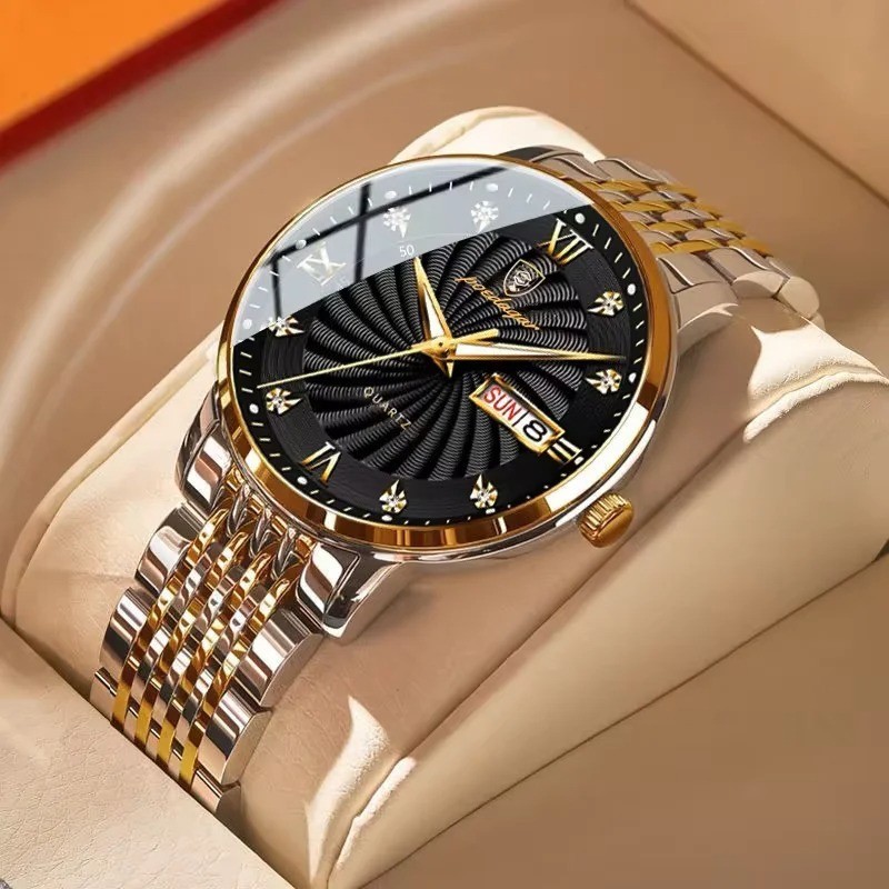 Montre étanche pour homme en acier noir avec dateur et aiguilles lumineuses
