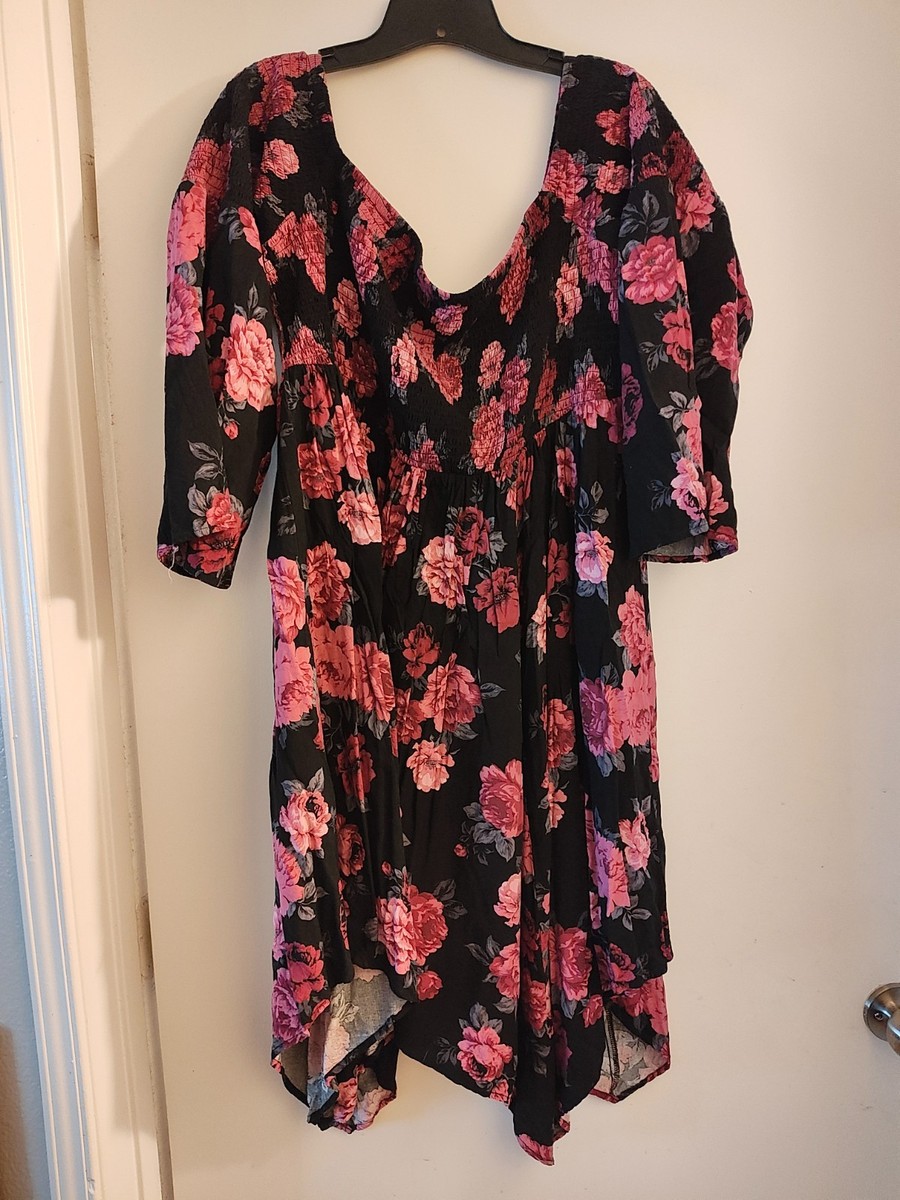 pink dress with black roses flower print, roses. Off shoulder with long sleeves hot pink and black wedding dress