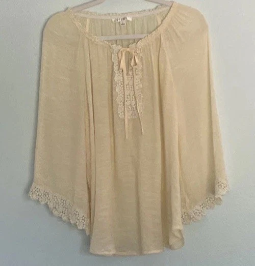 Sheer Peasant Top Ivory L Crochet Lace Bell Sleeves Cottage Hippie Boho Festival - Image 2 of 4
