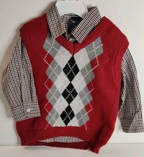 24month Boy Argyle Red, Gray Black Sweater Vest With Long Sleeve Plaid Dress...