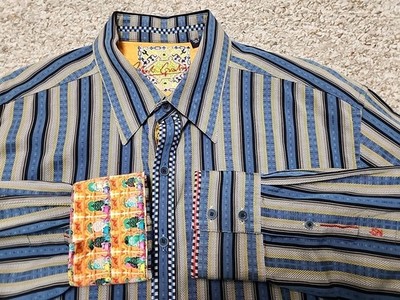 Robert Graham Shirt XL Flip Cuff Embroidered Striped Blue Textured Scooter India