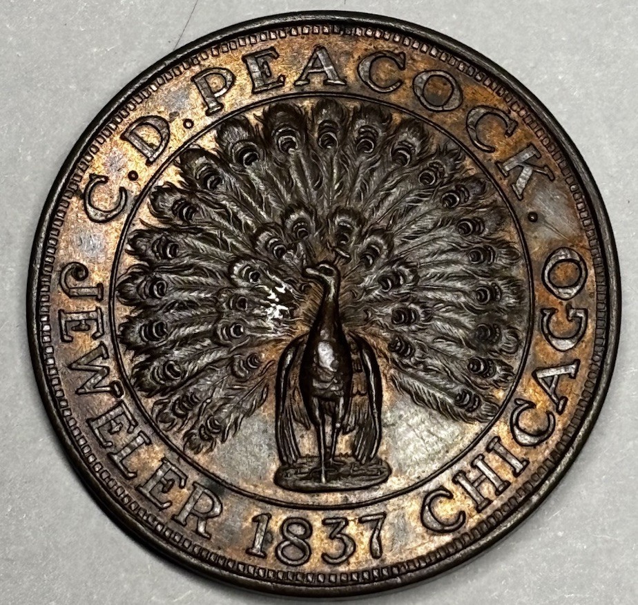 HT-M23  1906 Copper Hard Times Token C. D. Peacock Chicago/1837/ Time Is Money