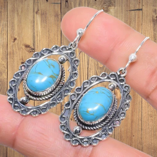 Copper Blue Turquoise Ethnic Gemstone 925 Sterling Silver Earring 2.0" G425 - Image 3 of 4