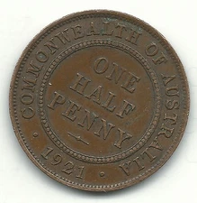 HIGH GRADE VF/XF 1921 AUSTRALIA - AUSTRALIAN ONE HALF PENNY COIN-APR459