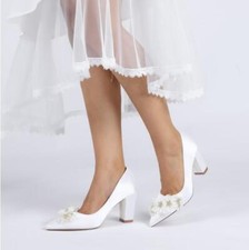 Women Satin Pointy Toe Diamante Flower Block Heel Wedding Pump Banquet Shoes