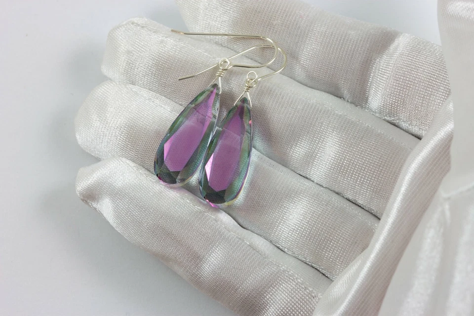 Mystic Simulated Topaz Earrings Long Faceted Teardrops Sterling 14k Solid Gold - Image 4 of 4