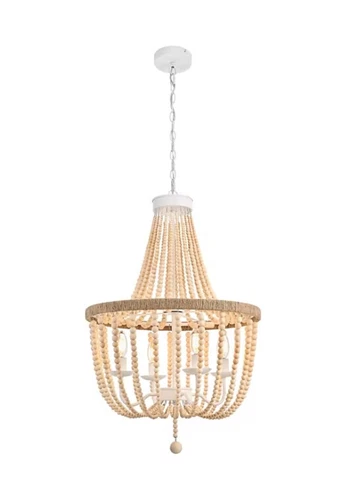 Chandelier Light Fixture Farmhouse Shabby Beige Wood Bead Chic Rope Pendant Lamp - Picture 1 of 9