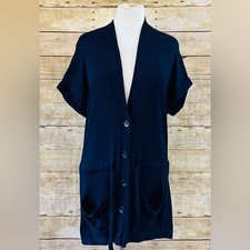 Ann Taylor LOFT Navy Blue Short Sleeve Button Front Cardigan Sweater Pockets S