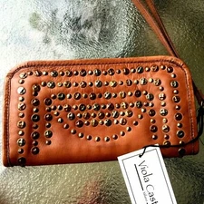 NWT Viola Castellani brown leather Italian zip around studded wristlet/wallet