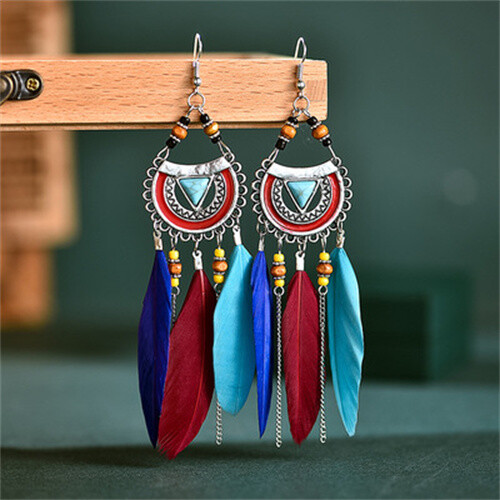 Silver Drop Earrings Ethnic Retro Jewelry for Women Boho Tassel Feather Earrings - Foto 1 di 17