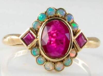 Ring 9 Karat 9 Karat Gold Rubin Opal Cluster Cocktail Art Deco Ins kostenlose Größe