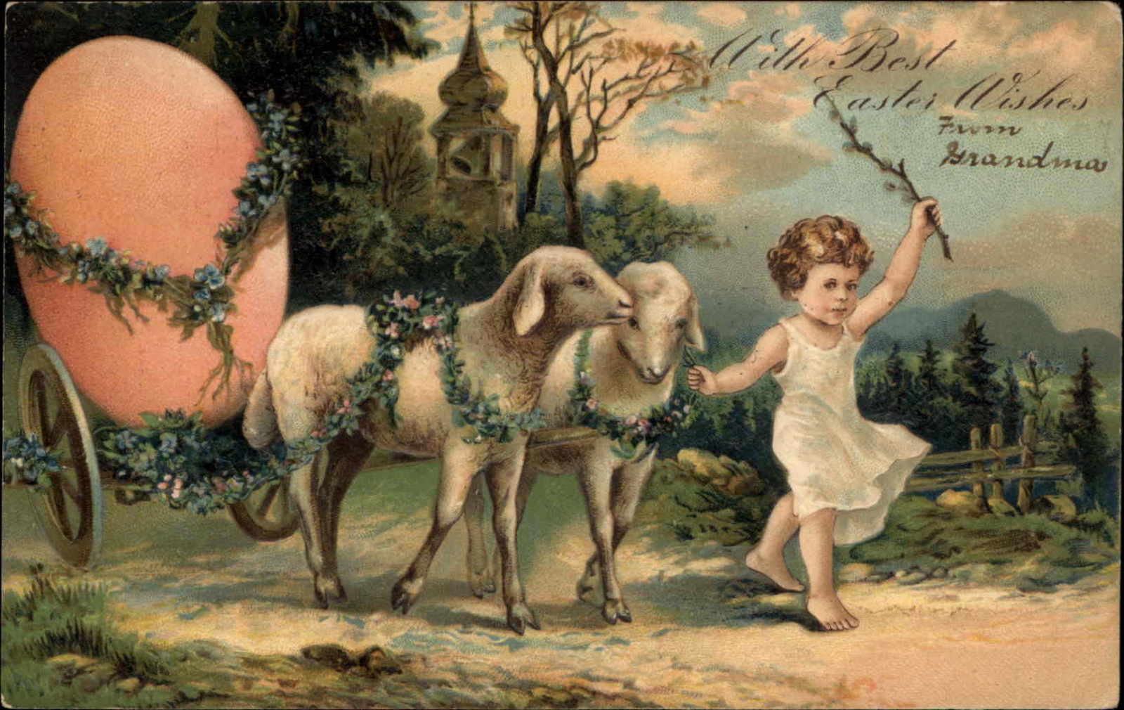 PFB Nº 5837 Fantasía de Pascua Niña con Carro de Cordero c1910 Postal