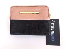 NEW STEVE MADDEN FRENCH NUDE BLOSSOM+BLACK LEATHERETTE,GOLD ZIP,BIFOLD WALLET