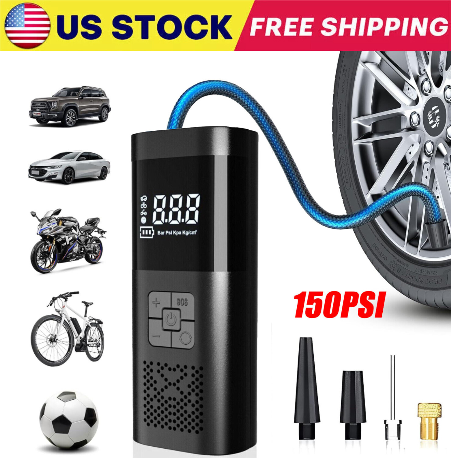 Wireless 150PSI Air Compressor Tire Inflator Fits Car Moto Bike Tires Air Pump