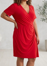 London Times Womens Red Surplice Neckline Gathered Waist Zip-Up Dress SIZE 16W
