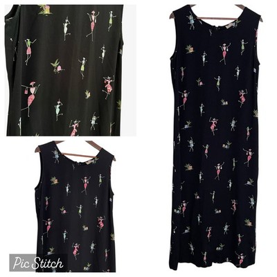 Vtg 90s Earth Song Maxi Sun Dress 16 XL 1X Black Tropical Ladies Shopping Print