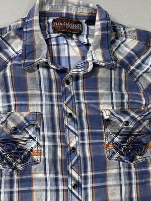 Rock & Roll Cowboy Pearl Snap Shirt Western Plaid Long Sleeve Blue Men's XXL