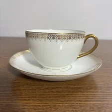 Bernardaud Limoges Flat Tea Cup And Saucer BER48 Pattern White & Gold By D & Co