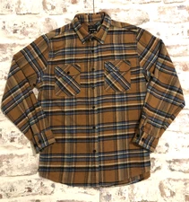 Brixton Bowery Shirt Mens SZ L Brown Blue Plaid Flannel Tartan Cabincore Grunge