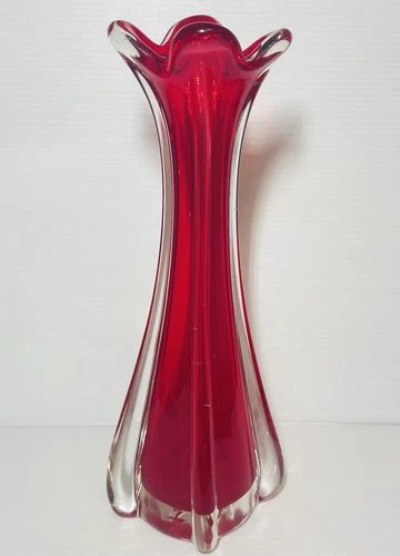 VTG Red Bud Vase Stretch Swung Art Glass Handblown Murano Style MCM 11 1/2" tall