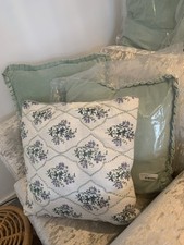 Set Of 3, 100% Cotton Cushions Cost Over £100 - Plush Green Velvet +Floral Cream