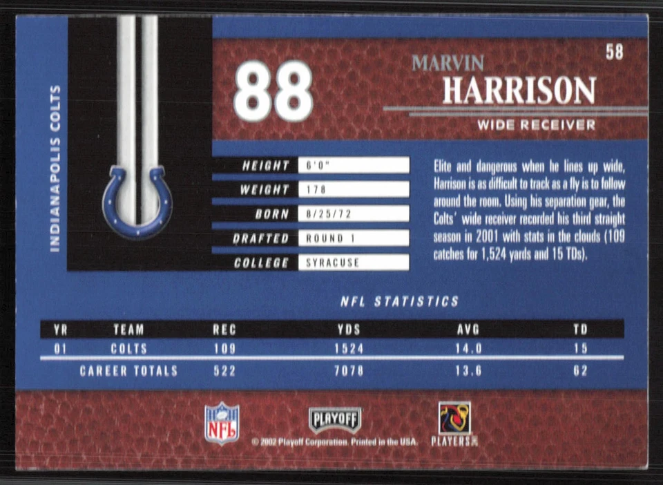 Marvin Harrison, 2002 Playoff Piece of the Game, #58, Indianapolis Colts, - Image 2 of 2