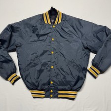 Vintage Butwin Blue Satin Varsity Jacket Yellow Trim Sz M Snap Front Made USA