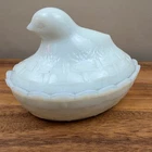 Vintage Milk Glass Chick on a Nest 5.25" Covered Candy Dish Farmhouse Decor