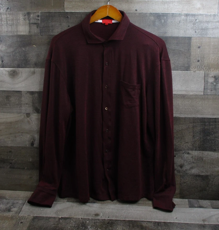 Camisa Isaia Para Hombre 2XL Borgoña Lana Botón Delantero Manga Larga Hecha en Italia Foto 2 de 4
