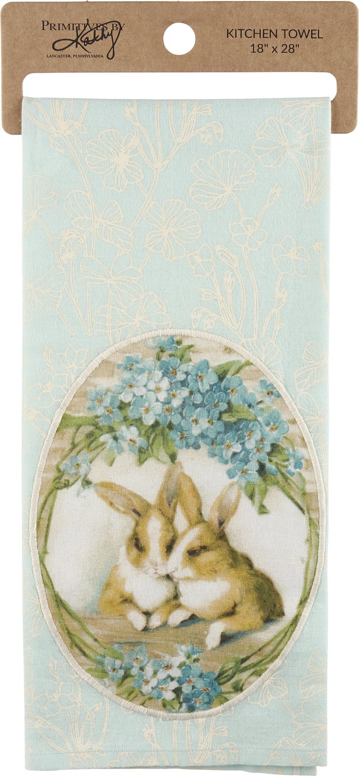 Primitives by Kathy Bunnies Surrounded by Blue Flowers Kitchen Towel