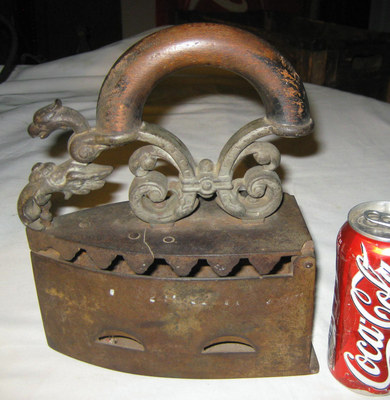ANTIQUE PRIMITIVE PA GERMAN STOVE HEARTH WING DRAGON CAST IRON CHARCOAL SAD IRON
