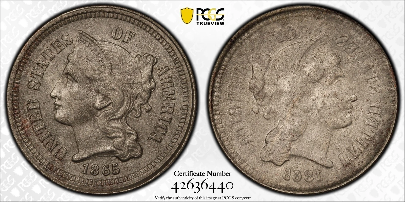 ER476 Rare 1865 US Mint Error Three Cents Full Brockage Reverse. PCGS UNC Detail