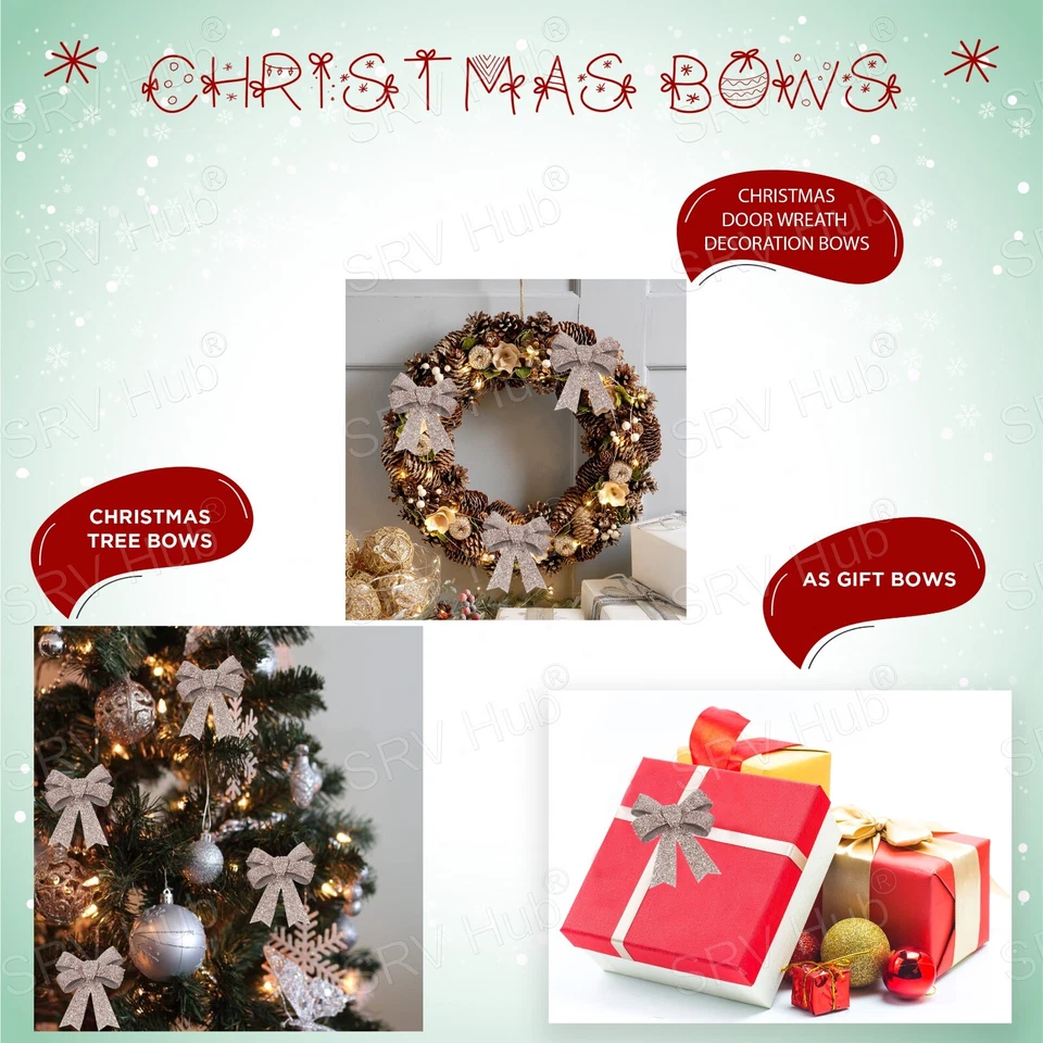 9Pcs Rose Gold Glittered Shiny Bows 11cm, Christmas Tree Decorations Gift Bows - Image 3 of 4