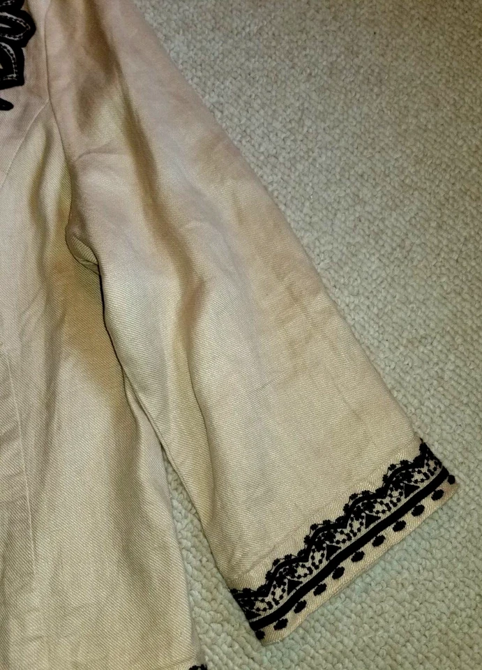 NWT $159 Womens Jacket-CHICO'S-tan/black embroidered BOHO linen open-2 (10/12) - Image 2 of 4
