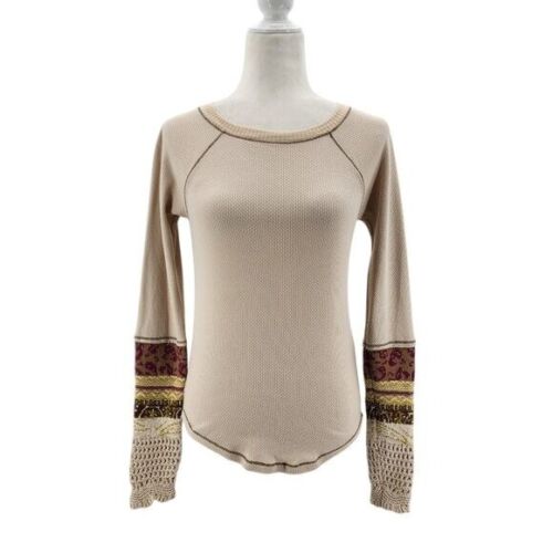 Free People Womens Small Top In The Mix Cuff Thermal Fitted Ivory Top Bohemian