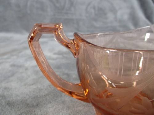Depression Glass Sugar Bowl And Creamer Set Pink Floral Etched Vintage Handle * - Picture 12 of 16