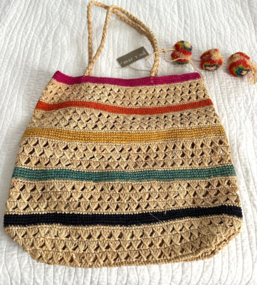 MAR Y SOL RIO Multicolor Striped with PomPoms Woven Tote NWT Authentic