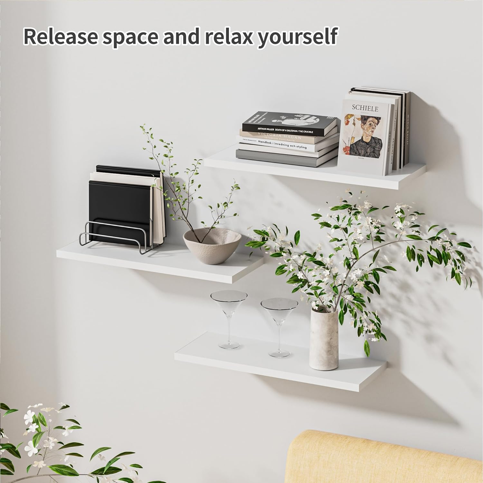 White Floating Wall Shelves,Storage Shelves for Wall,Wood Wall Mounted ...