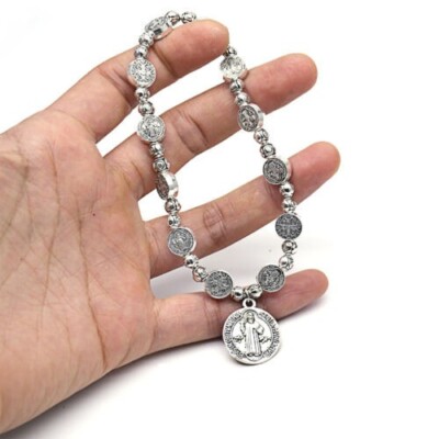Bracciale A Catena In Acciaio Inossidabile, Ciondolo Con Ciondolo San Benito, Medaglia Di San Benedetto, Regalo Religioso Per Lui, I Suoi Bambini - Foto 8