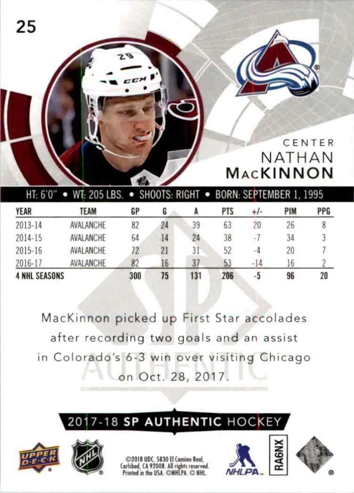 2017-18 upper deck SP Authentic Nathan MacKinnon #25 - Image 2 of 2