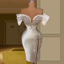 Luxury Sheath White Wedding Dresses Off Shoulder Pearls Satin Short Bridal Gowns