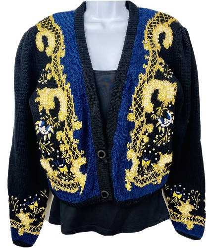 Vintage Pullover Strickjacke Weihnachten Metallic Gold Perlen Glitzer groß Wolle