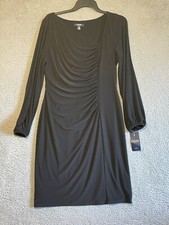 NWT CHAPS Black V Neck Faux Wrap Long Sleeve Stretch Dress Size L Open Sleeves