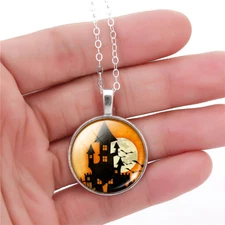 Cute Silver Plated Orange & Black Haunted House Round Glass Halloween Necklace