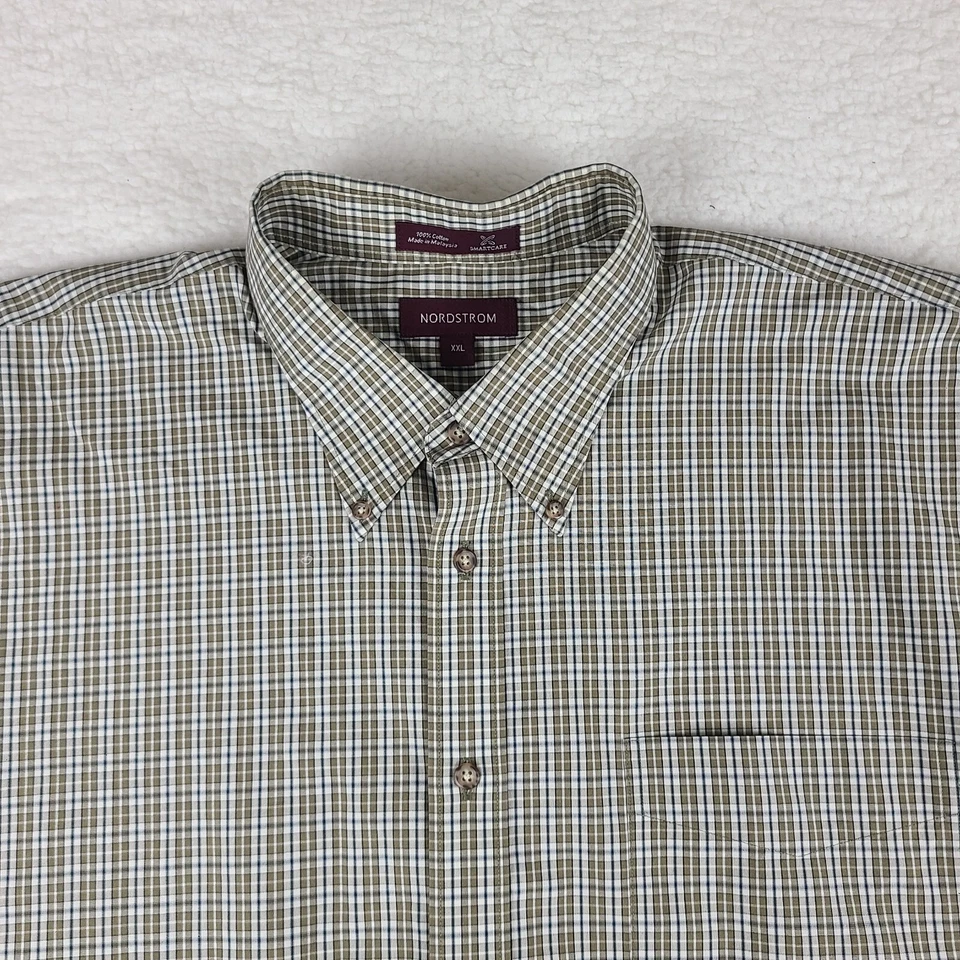 Nordstrom Dress Shirt Mens 2XL XXL Brown Blue Plaid Smartcare Cotton Button Up - Image 4 of 4