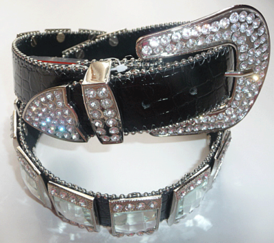 Black Cow Hide Leather Belt With Crystal Clear Rhinestones  display picture 3